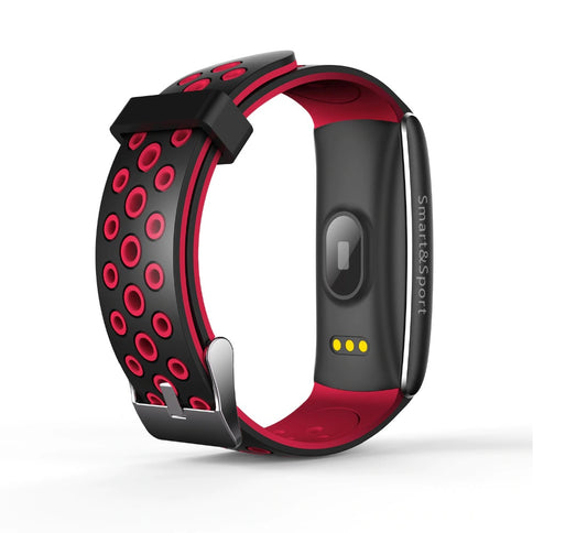 Smartwatch si Bratara de Fitness Smart&Sport, Monitorizare Puls, Pasi, Calorii, Notificare Mesaje, IP67 Waterproof, Bratara de silicon Neagra, Culoare Negru-Rosu