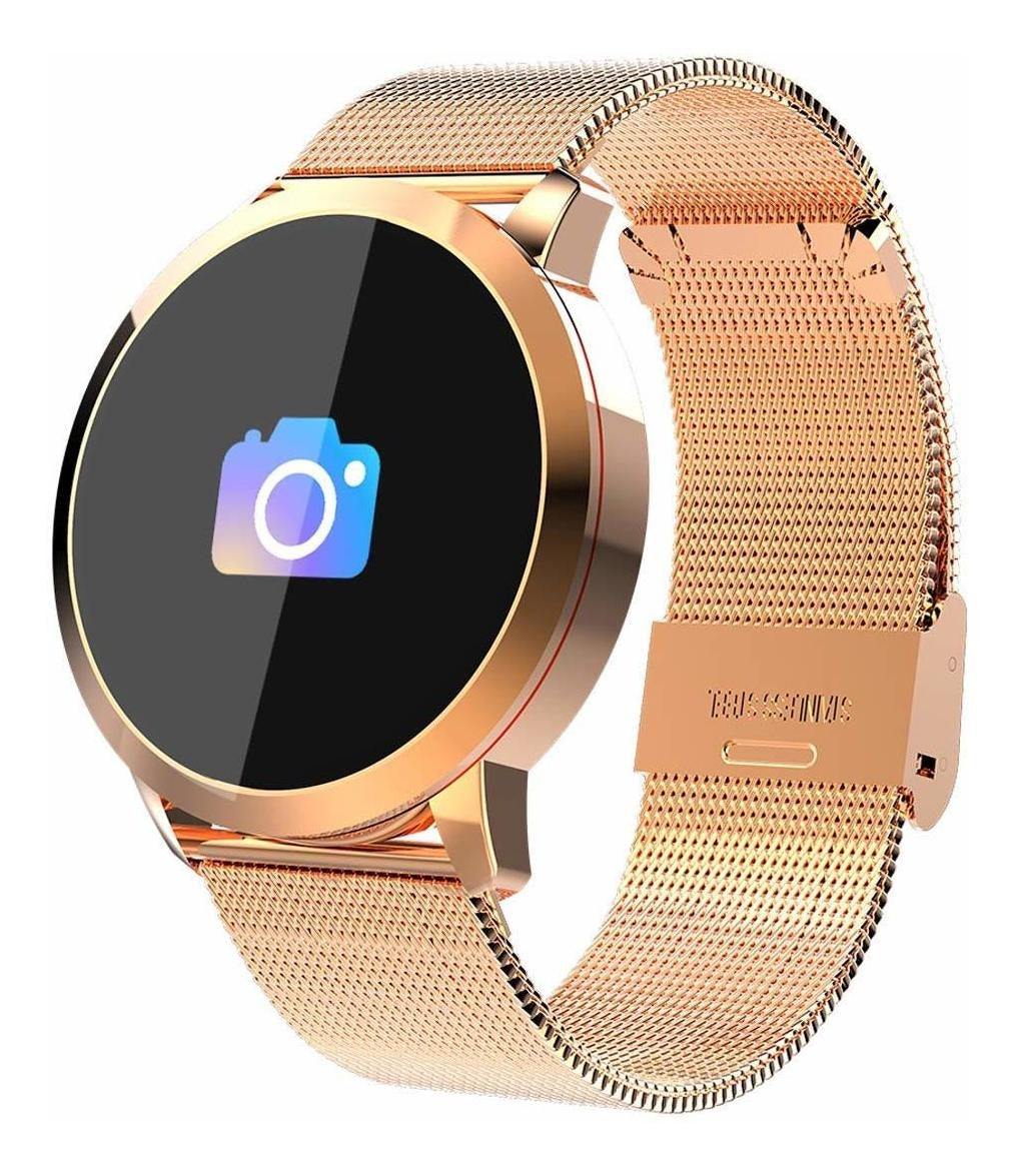 Smartwatch si Bratara Fitness Smart Quasar 8 cu Monitorizare Puls, Pasi, Calorii, Notificare Mesaje, IP67 Waterproof, Bratara Metalica Gold, Culoare Gold