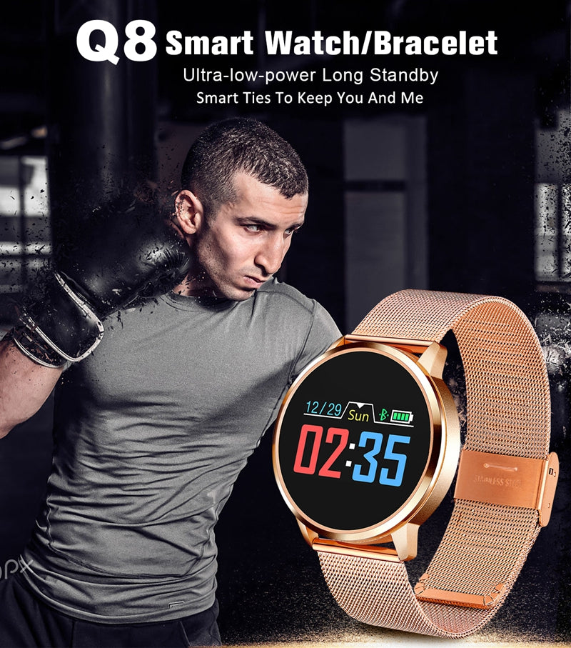 Smartwatch si Bratara Fitness Smart Quasar 8 cu Monitorizare Puls, Pasi, Calorii, Notificare Mesaje, IP67 Waterproof, Bratara Metalica Gold, Culoare Gold