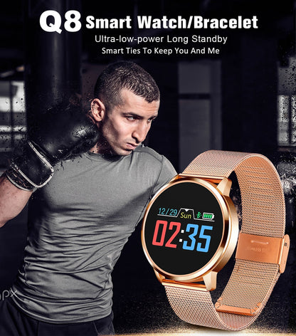 Smartwatch si Bratara Fitness Smart Quasar 8 cu Monitorizare Puls, Pasi, Calorii, Notificare Mesaje, IP67 Waterproof, Bratara Metalica Gold, Culoare Gold