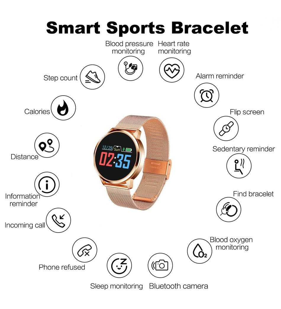 Smartwatch si Bratara Fitness Smart Quasar 8 cu Monitorizare Puls, Pasi, Calorii, Notificare Mesaje, IP67 Waterproof, Bratara Metalica Gold, Culoare Gold