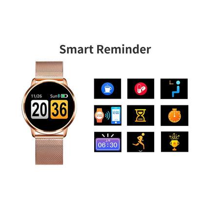 Smartwatch si Bratara Fitness Smart Quasar 8 cu Monitorizare Puls, Pasi, Calorii, Notificare Mesaje, IP67 Waterproof, Bratara Metalica Gold, Culoare Gold