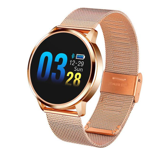 Smartwatch si Bratara Fitness Smart Quasar 8 cu Monitorizare Puls, Pasi, Calorii, Notificare Mesaje, IP67 Waterproof, Bratara Metalica Gold, Culoare Gold