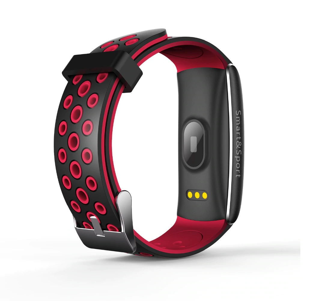 Bratara Fitness QSport8, Monitorizare Puls, Pasi, Calorii, Notificare Mesaje, IP67 Waterproof, Bratara de silicon Neagra, Culoare Negru-Rosu