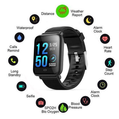 Ceas Smartwatch si Bratara Fitness QFit Nine 2018, Cu Monitorizare Puls, Pasi, Calorii, Notificare Mesaje, IP67 Waterproof, Culoare Negru, Alaturi de Bratara de Rezerva CADOU