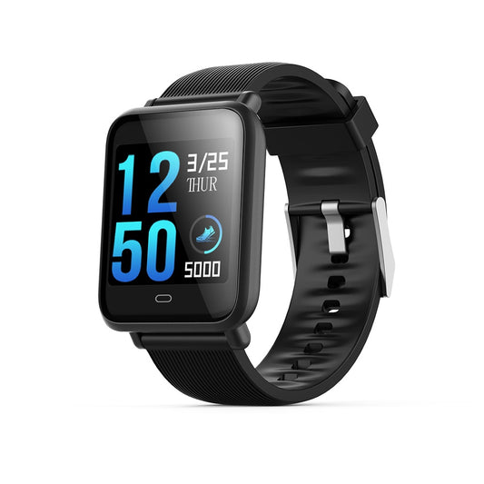 Ceas Smartwatch si Bratara Fitness QFit Nine 2018, Cu Monitorizare Puls, Pasi, Calorii, Notificare Mesaje, IP67 Waterproof, Culoare Negru, Alaturi de Bratara de Rezerva CADOU