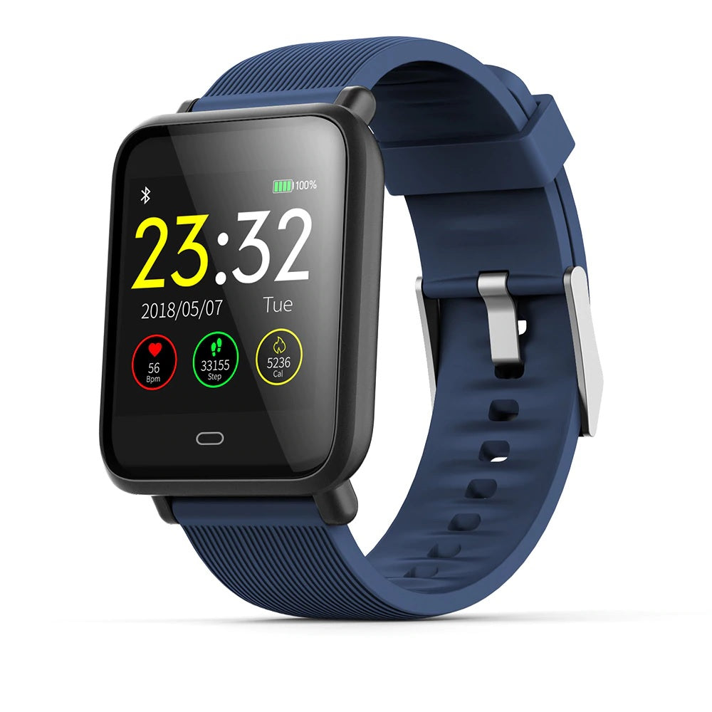 Ceas Smartwatch si Bratara Fitness QFit Nine 2018, Cu Monitorizare Puls, Pasi, Calorii, Notificare Mesaje, IP67 Waterproof, Culoare Coral Blue, Alaturi de Bratara de Rezerva CADOU