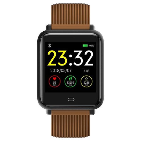 Ceas Smartwatch si Bratara Fitness QFit Nine 2018, Cu Monitorizare Puls, Pasi, Calorii, Notificare Mesaje, IP67 Waterproof, Culoare : Maro, Alaturi de Bratara de Rezerva CADOU
