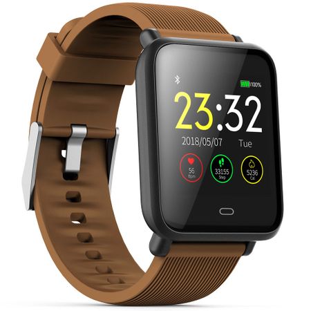 Ceas Smartwatch si Bratara Fitness QFit Nine 2018, Cu Monitorizare Puls, Pasi, Calorii, Notificare Mesaje, IP67 Waterproof, Culoare : Maro, Alaturi de Bratara de Rezerva CADOU