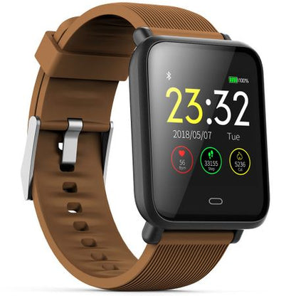 Ceas Smartwatch si Bratara Fitness QFit Nine 2018, Cu Monitorizare Puls, Pasi, Calorii, Notificare Mesaje, IP67 Waterproof, Culoare : Maro, Alaturi de Bratara de Rezerva CADOU