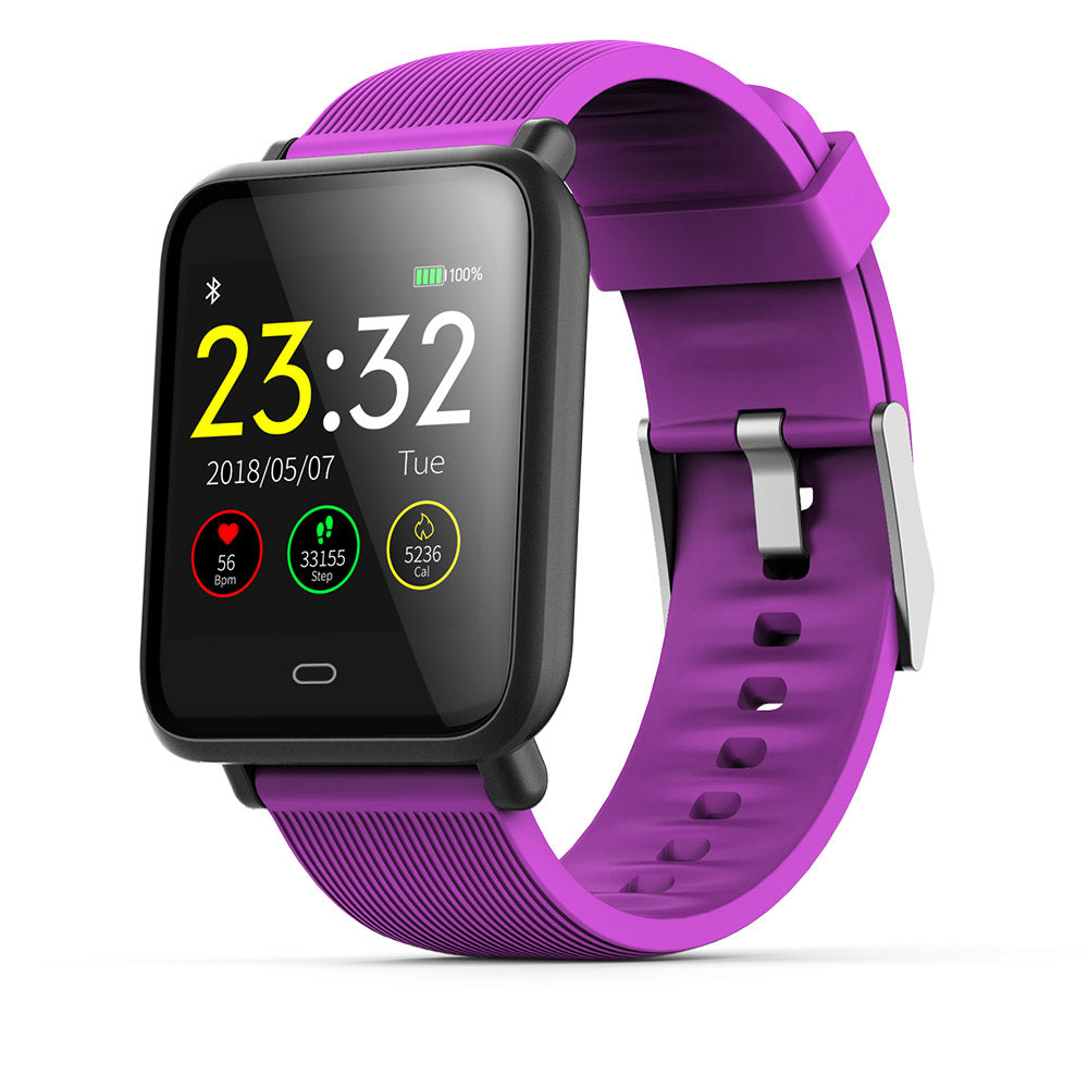 Ceas Smartwatch si Bratara Fitness QFit Nine 2018, Cu Monitorizare Puls, Pasi, Calorii, Notificare Mesaje, IP67 Waterproof, Culoare : Deep Purple, Alaturi de Bratara de Rezerva CADOU