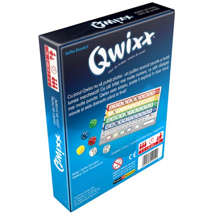 Joc de societate Qwixx idealSTORE, Arunca cu Zarurile si Bifeaza cat mai multe Puncte, 2-5 Jucatori, 6 Zaruri, 1 Carnetel cu Bilete de Joc, 1 Regulament