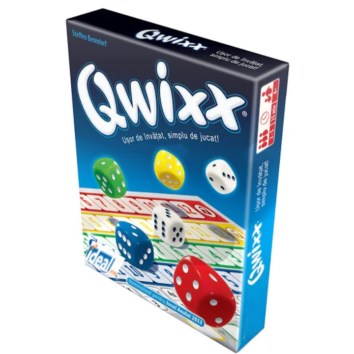 Joc de societate Qwixx idealSTORE, Arunca cu Zarurile si Bifeaza cat mai multe Puncte, 2-5 Jucatori, 6 Zaruri, 1 Carnetel cu Bilete de Joc, 1 Regulament
