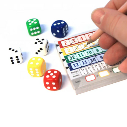 Joc de societate Qwixx idealSTORE, Arunca cu Zarurile si Bifeaza cat mai multe Puncte, 2-5 Jucatori, 6 Zaruri, 1 Carnetel cu Bilete de Joc, 1 Regulament