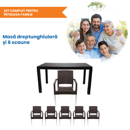 Set masa cu 6 scaune cu picioare metalice, pentru terasa sau gradina, IdealStore, premium, 140x80x75 cm, masa dreptunghiulara cu orificiu umbrela, scaune cu model ratan, rezistent UV, apa, umezeala, inghet, temperaturi mari, usor de depozitat