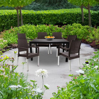 Set masa cu 6 scaune cu picioare metalice, pentru terasa sau gradina, IdealStore, premium, 140x80x75 cm, masa dreptunghiulara cu orificiu umbrela, scaune cu model ratan, rezistent UV, apa, umezeala, inghet, temperaturi mari, usor de depozitat