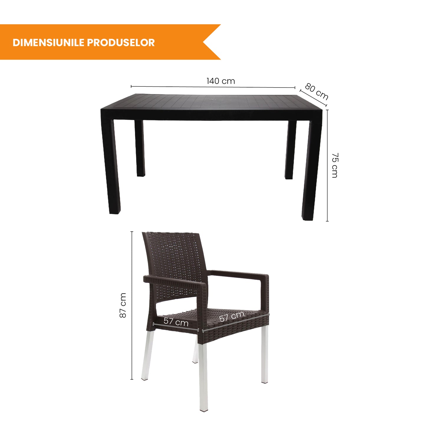 Set masa cu 6 scaune cu picioare metalice, pentru terasa sau gradina, IdealStore, premium, 140x80x75 cm, masa dreptunghiulara cu orificiu umbrela, scaune cu model ratan, rezistent UV, apa, umezeala, inghet, temperaturi mari, usor de depozitat