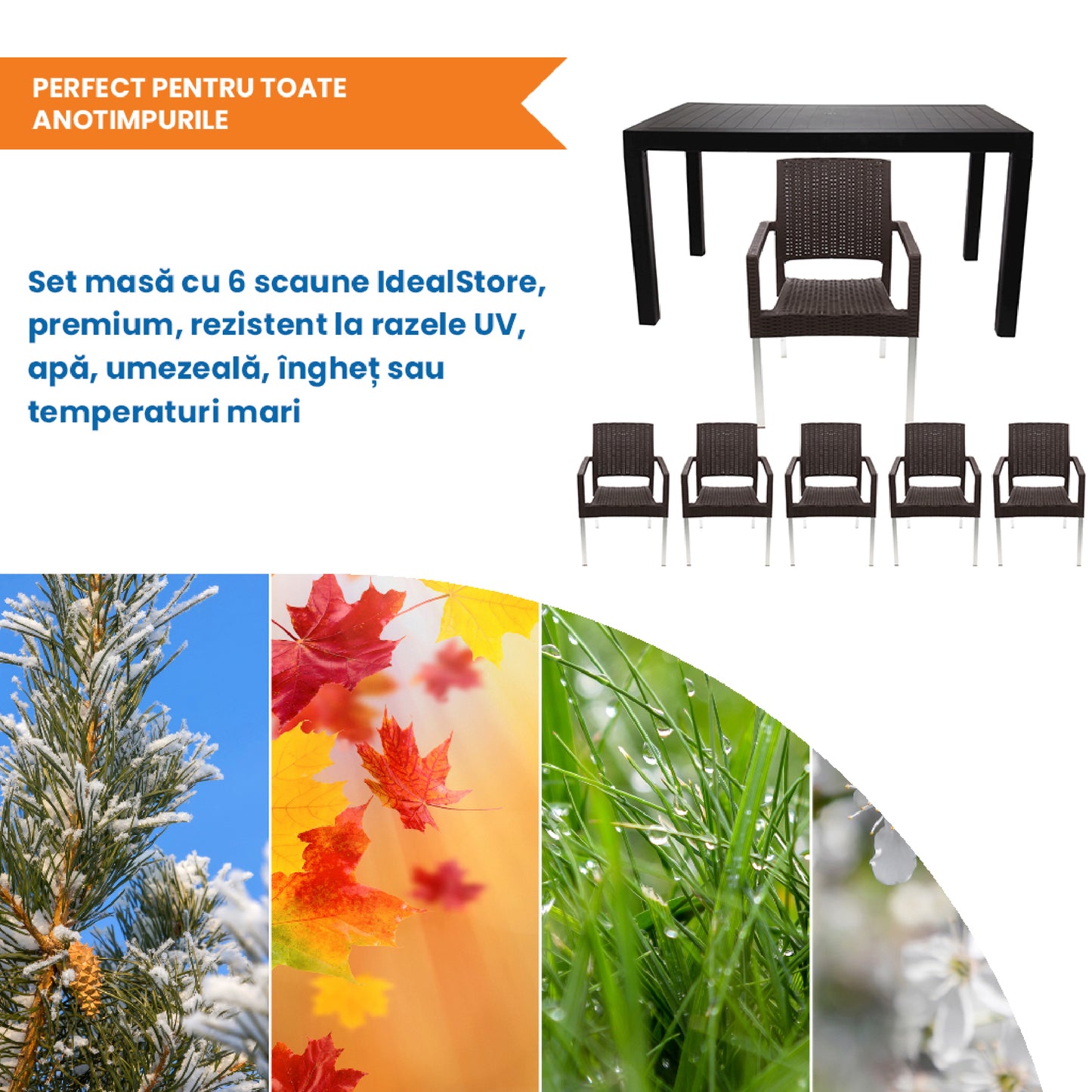 Set masa cu 6 scaune cu picioare metalice, pentru terasa sau gradina, IdealStore, premium, 140x80x75 cm, masa dreptunghiulara cu orificiu umbrela, scaune cu model ratan, rezistent UV, apa, umezeala, inghet, temperaturi mari, usor de depozitat