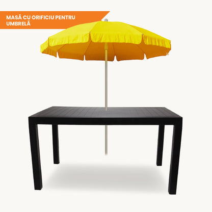 Set masa cu 6 scaune cu picioare metalice, pentru terasa sau gradina, IdealStore, premium, 140x80x75 cm, masa dreptunghiulara cu orificiu umbrela, scaune cu model ratan, rezistent UV, apa, umezeala, inghet, temperaturi mari, usor de depozitat