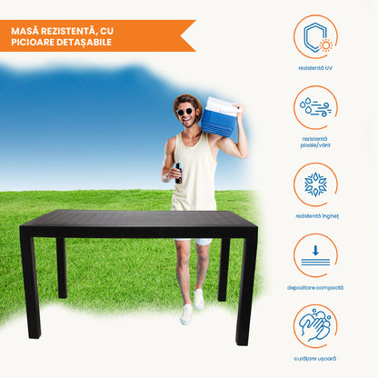 Set masa cu 6 scaune cu picioare metalice, pentru terasa sau gradina, IdealStore, premium, 140x80x75 cm, masa dreptunghiulara cu orificiu umbrela, scaune cu model ratan, rezistent UV, apa, umezeala, inghet, temperaturi mari, usor de depozitat