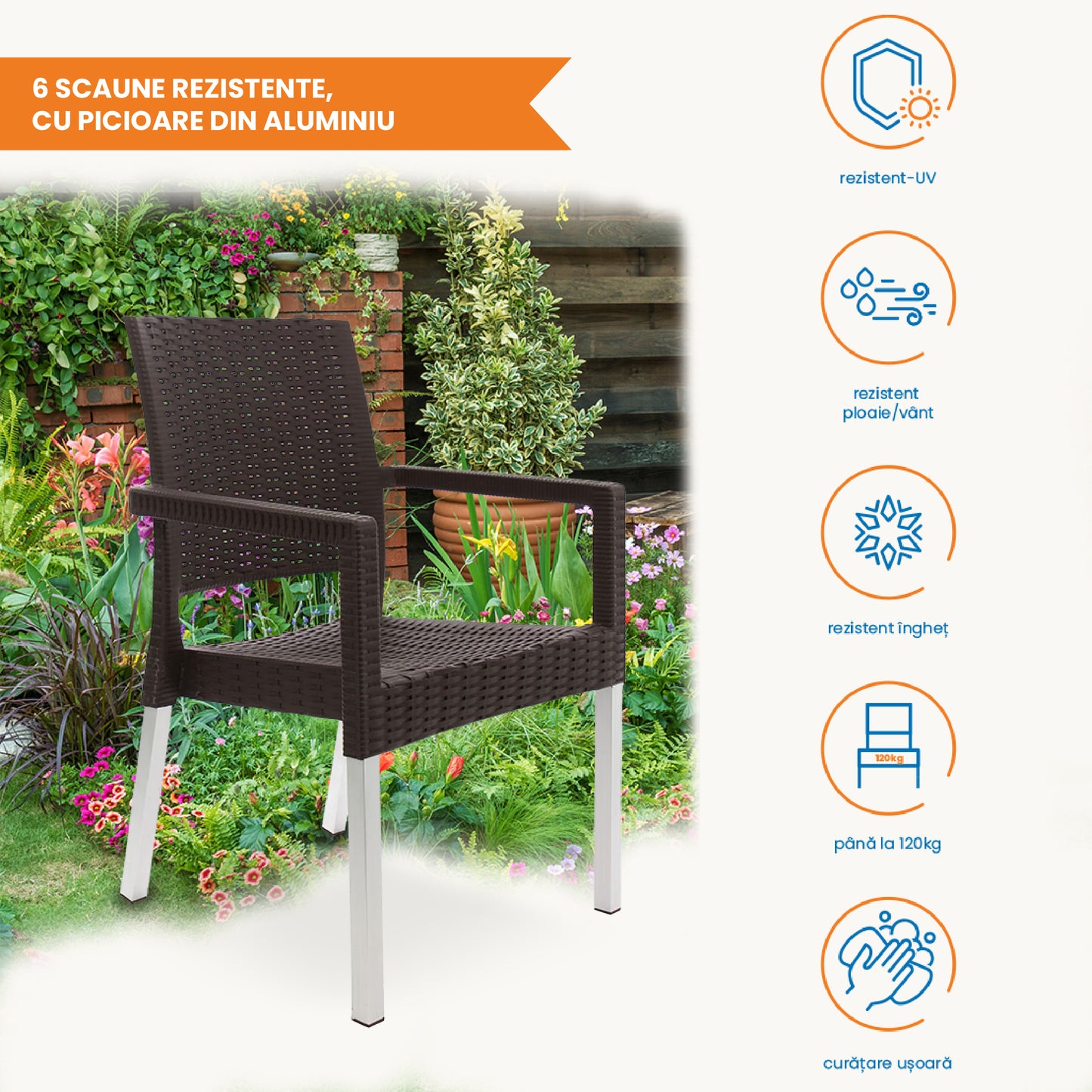 Set masa cu 6 scaune cu picioare metalice, pentru terasa sau gradina, IdealStore, premium, 140x80x75 cm, masa dreptunghiulara cu orificiu umbrela, scaune cu model ratan, rezistent UV, apa, umezeala, inghet, temperaturi mari, usor de depozitat