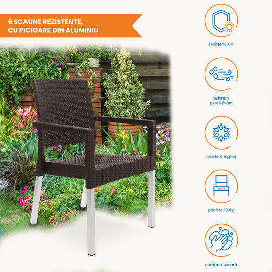 Set masa cu 6 scaune cu picioare metalice, pentru terasa sau gradina, IdealStore, premium, 140x80x75 cm, masa dreptunghiulara cu orificiu umbrela, scaune cu model ratan, rezistent UV, apa, umezeala, inghet, temperaturi mari, usor de depozitat