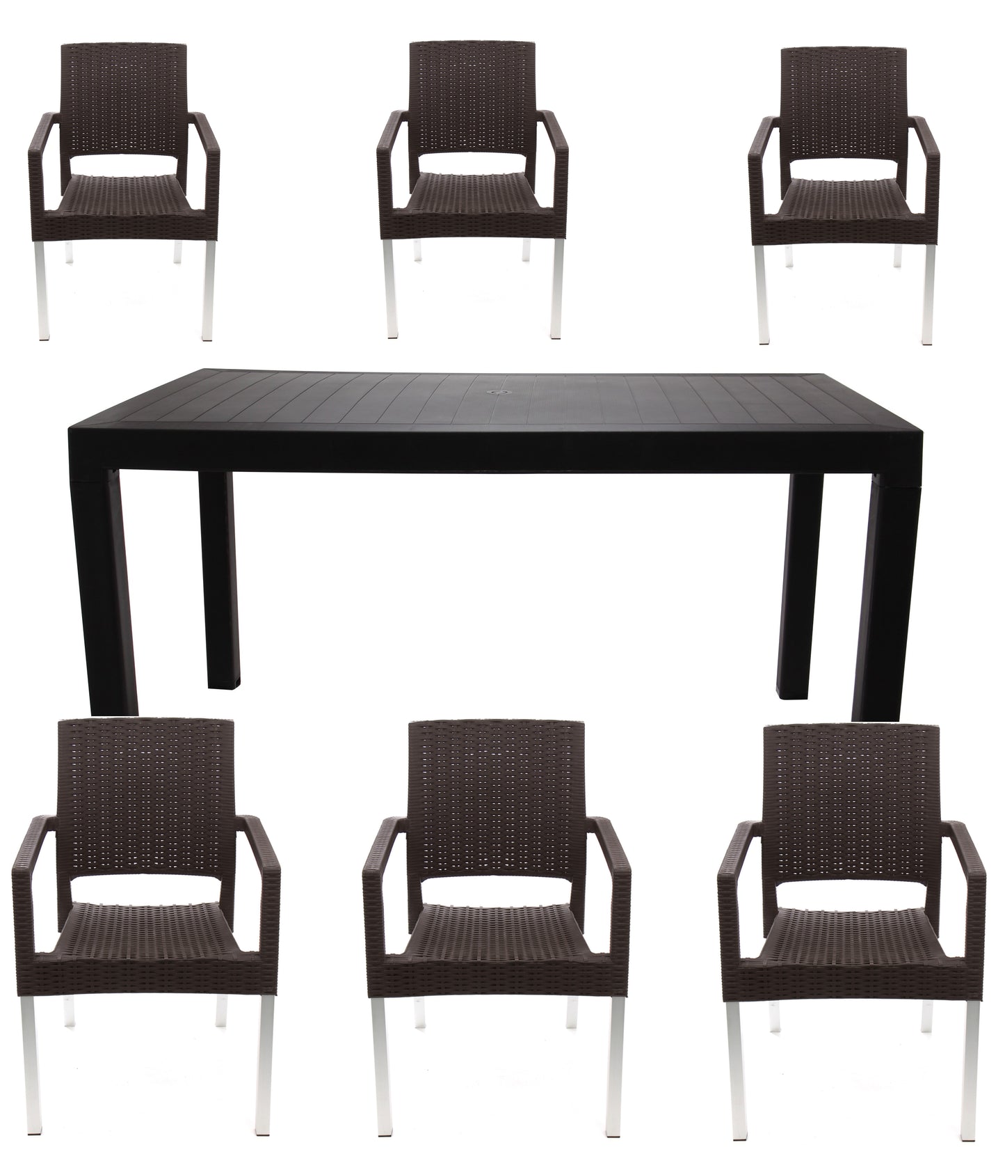 Set masa cu 6 scaune cu picioare metalice, pentru terasa sau gradina, IdealStore, premium, 140x80x75 cm, masa dreptunghiulara cu orificiu umbrela, scaune cu model ratan, rezistent UV, apa, umezeala, inghet, temperaturi mari, usor de depozitat