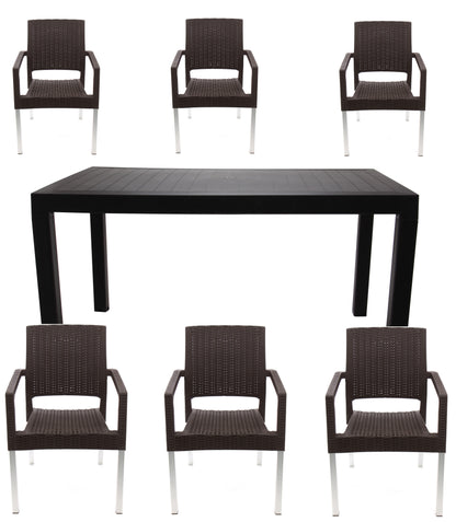 Set masa cu 6 scaune cu picioare metalice, pentru terasa sau gradina, IdealStore, premium, 140x80x75 cm, masa dreptunghiulara cu orificiu umbrela, scaune cu model ratan, rezistent UV, apa, umezeala, inghet, temperaturi mari, usor de depozitat