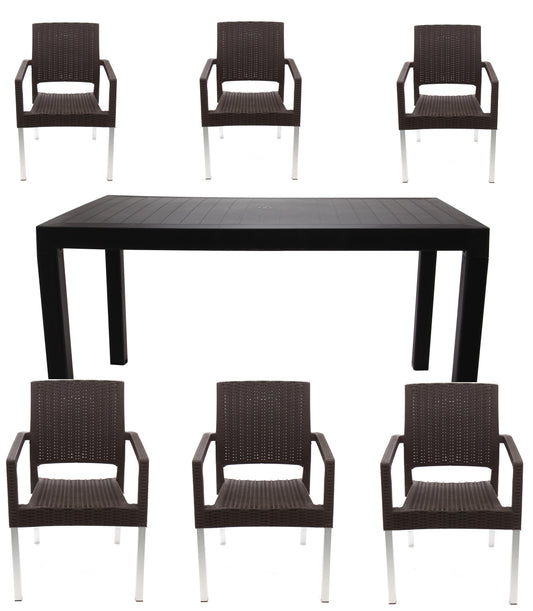 Set masa cu 6 scaune cu picioare metalice, pentru terasa sau gradina, IdealStore, premium, 140x80x75 cm, masa dreptunghiulara cu orificiu umbrela, scaune cu model ratan, rezistent UV, apa, umezeala, inghet, temperaturi mari, usor de depozitat