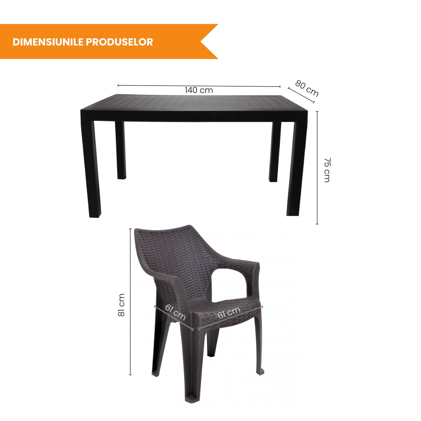 Set masa cu 6 scaune, pentru terasa si gradina, IdealStore, premium, 140x80x75 cm, masa dreptunghiulara cu orificiu umbrela, scaune din plastic rezistent, model ratan, rezistent UV, apa, umezeala, inghet sau temperaturi mari, usor de depozitat, max 120 kg