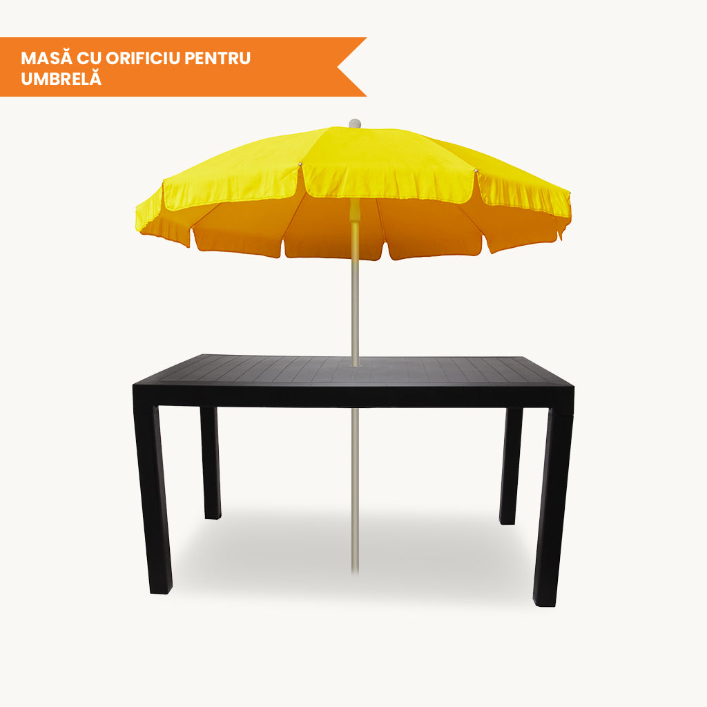 Set masa cu 6 scaune, pentru terasa si gradina, IdealStore, premium, 140x80x75 cm, masa dreptunghiulara cu orificiu umbrela, scaune din plastic rezistent, model ratan, rezistent UV, apa, umezeala, inghet sau temperaturi mari, usor de depozitat, max 120 kg