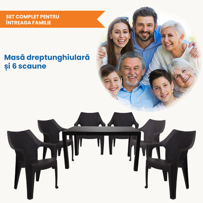 Set masa cu 6 scaune, pentru terasa si gradina, IdealStore, premium, 140x80x75 cm, masa dreptunghiulara cu orificiu umbrela, scaune din plastic rezistent, model ratan, rezistent UV, apa, umezeala, inghet sau temperaturi mari, usor de depozitat, max 120 kg
