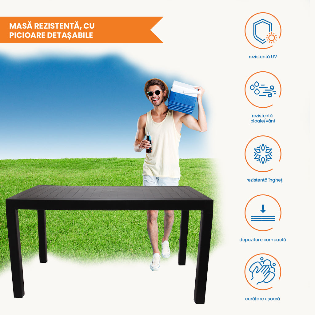 Set masa cu 6 scaune, pentru terasa si gradina, IdealStore, premium, 140x80x75 cm, masa dreptunghiulara cu orificiu umbrela, scaune din plastic rezistent, model ratan, rezistent UV, apa, umezeala, inghet sau temperaturi mari, usor de depozitat, max 120 kg