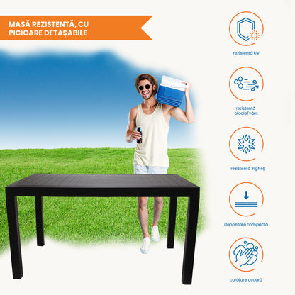 Set masa cu 6 scaune, pentru terasa si gradina, IdealStore, premium, 140x80x75 cm, masa dreptunghiulara cu orificiu umbrela, scaune din plastic rezistent, model ratan, rezistent UV, apa, umezeala, inghet sau temperaturi mari, usor de depozitat, max 120 kg