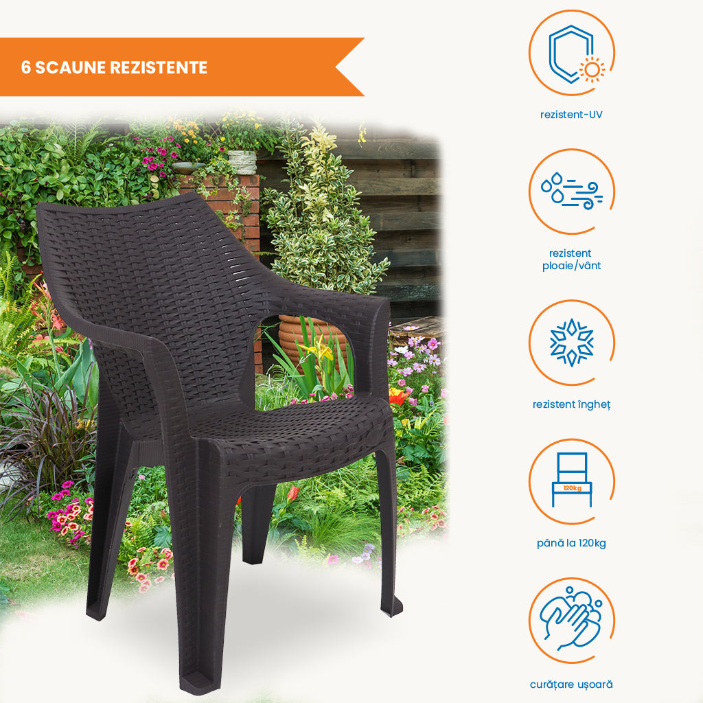 Set masa cu 6 scaune, pentru terasa si gradina, IdealStore, premium, 140x80x75 cm, masa dreptunghiulara cu orificiu umbrela, scaune din plastic rezistent, model ratan, rezistent UV, apa, umezeala, inghet sau temperaturi mari, usor de depozitat, max 120 kg