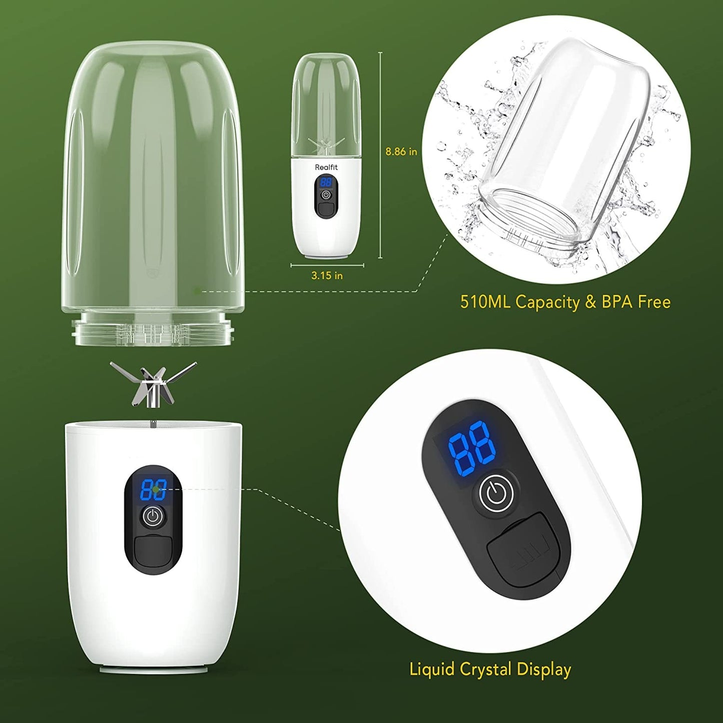 Mini Blender Electric RealMix White IdealStore, Portabil, Incarcare magnetica la orice port USB, 6 Lame din otel inoxidabil, Capacitate 510 ml, Putere 25.000 rpm, Usor de curatat, Afisaj LCD