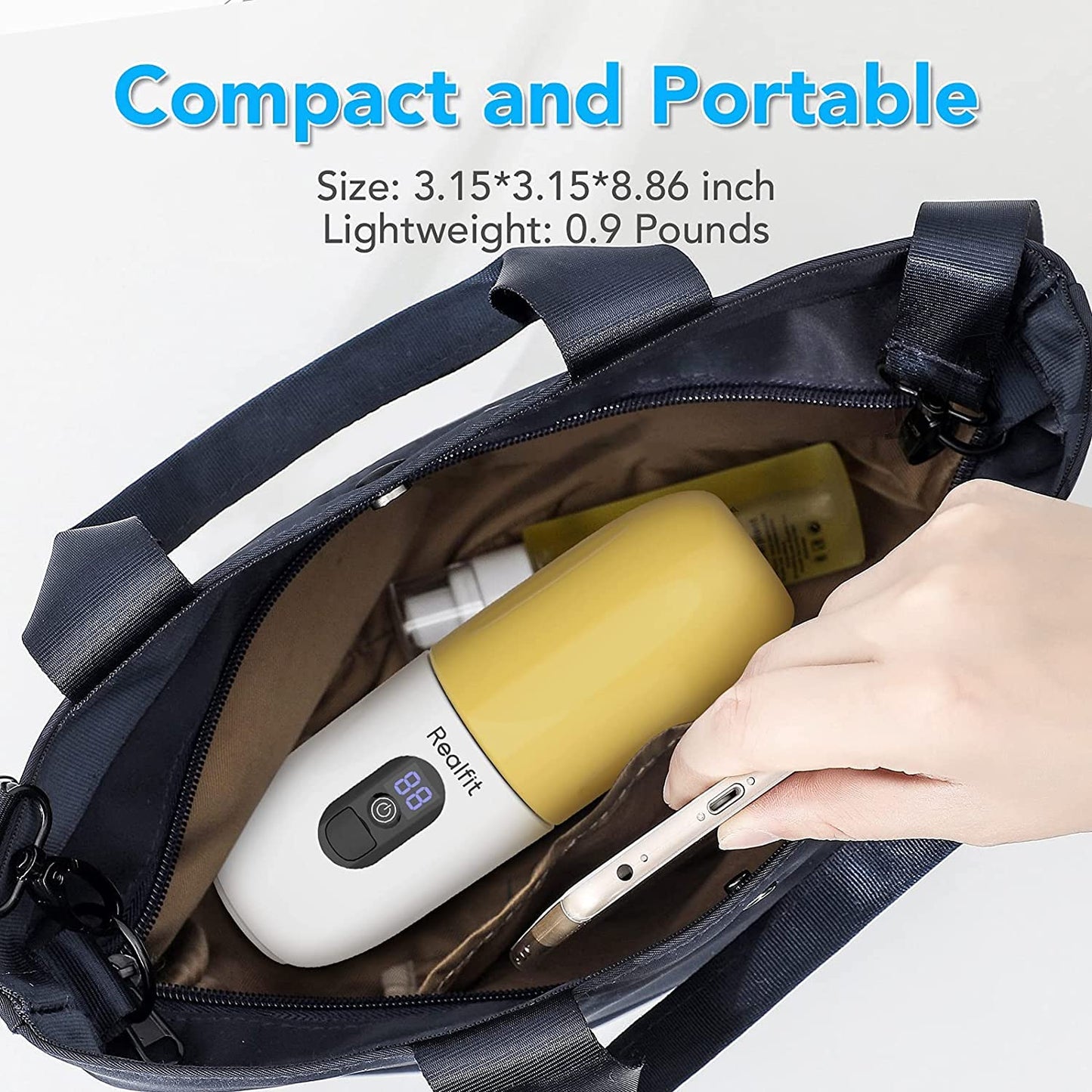 Mini Blender Electric RealMix White IdealStore, Portabil, Incarcare magnetica la orice port USB, 6 Lame din otel inoxidabil, Capacitate 510 ml, Putere 25.000 rpm, Usor de curatat, Afisaj LCD