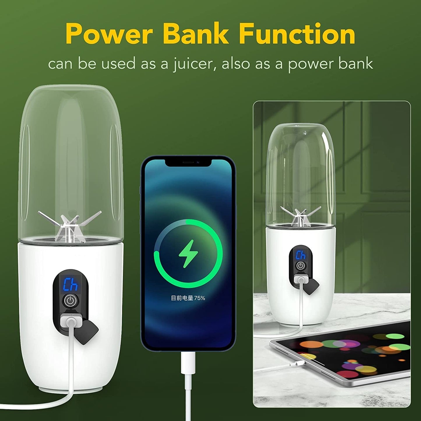 Mini Blender Electric RealMix White IdealStore, Portabil, Incarcare magnetica la orice port USB, 6 Lame din otel inoxidabil, Capacitate 510 ml, Putere 25.000 rpm, Usor de curatat, Afisaj LCD