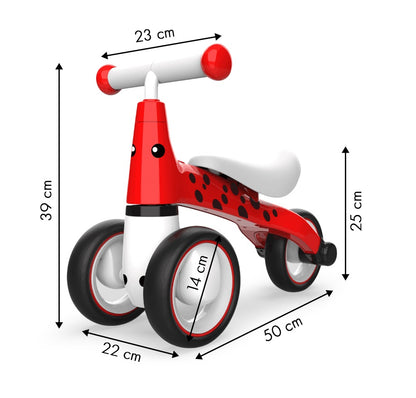 Tricicleta pentru copii idealSTORE Red Dots Rider, Ideala pentru cei mici intre 12-36 luni, Dimensiune 50 x 22 x 39 cm, Sarcina maxima admisa 20kg, Culoare Rosu-Negru