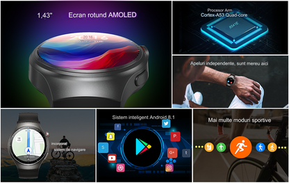 Smartwatch idealSTORE RoundSIMS3, Ecran AMOLED 1.43 inch, Android 8.1, GPS, GLONASS, Busola, Apel 4G, Difuzor si Microfon HD, Acumulator 1000 mAh, Nano SIM, Ritm Cardiac, SpO2, Incarcare Magnetica, Procesor quad-core Cortex, Bratara Neagra din Silicon