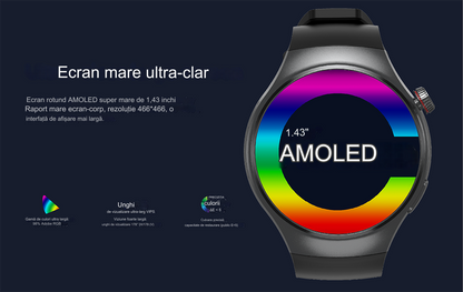 Smartwatch idealSTORE RoundSIMS3, Ecran AMOLED 1.43 inch, Android 8.1, GPS, GLONASS, Busola, Apel 4G, Difuzor si Microfon HD, Acumulator 1000 mAh, Nano SIM, Ritm Cardiac, SpO2, Incarcare Magnetica, Procesor quad-core Cortex, Bratara Neagra din Silicon