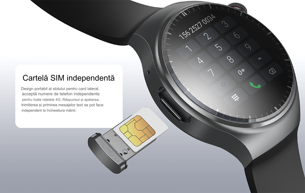 Smartwatch idealSTORE RoundSIMS3, Ecran AMOLED 1.43 inch, Android 8.1, GPS, GLONASS, Busola, Apel 4G, Difuzor si Microfon HD, Acumulator 1000 mAh, Nano SIM, Ritm Cardiac, SpO2, Incarcare Magnetica, Procesor quad-core Cortex, Bratara Neagra din Silicon