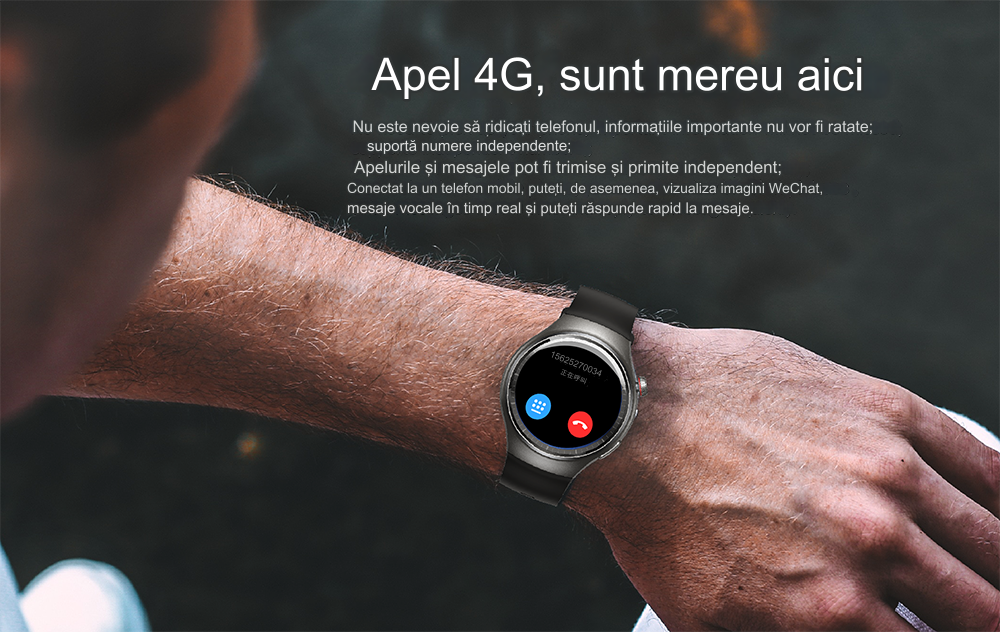 Smartwatch idealSTORE RoundSIMS3, Ecran AMOLED 1.43 inch, Android 8.1, GPS, GLONASS, Busola, Apel 4G, Difuzor si Microfon HD, Acumulator 1000 mAh, Nano SIM, Ritm Cardiac, SpO2, Incarcare Magnetica, Procesor quad-core Cortex, Bratara Neagra din Silicon