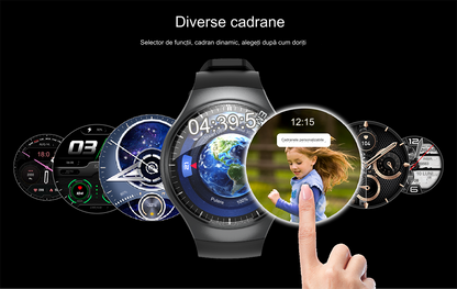Smartwatch idealSTORE RoundSIMS3, Ecran AMOLED 1.43 inch, Android 8.1, GPS, GLONASS, Busola, Apel 4G, Difuzor si Microfon HD, Acumulator 1000 mAh, Nano SIM, Ritm Cardiac, SpO2, Incarcare Magnetica, Procesor quad-core Cortex, Bratara Neagra din Silicon