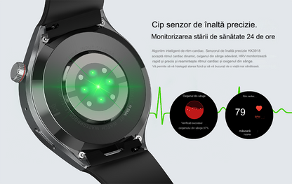 Smartwatch idealSTORE RoundSIMS3, Ecran AMOLED 1.43 inch, Android 8.1, GPS, GLONASS, Busola, Apel 4G, Difuzor si Microfon HD, Acumulator 1000 mAh, Nano SIM, Ritm Cardiac, SpO2, Incarcare Magnetica, Procesor quad-core Cortex, Bratara Neagra din Silicon