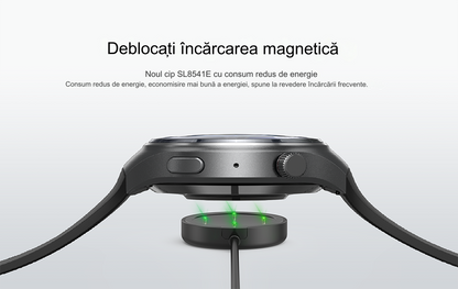 Smartwatch idealSTORE RoundSIMS3, Ecran AMOLED 1.43 inch, Android 8.1, GPS, GLONASS, Busola, Apel 4G, Difuzor si Microfon HD, Acumulator 1000 mAh, Nano SIM, Ritm Cardiac, SpO2, Incarcare Magnetica, Procesor quad-core Cortex, Bratara Neagra din Silicon