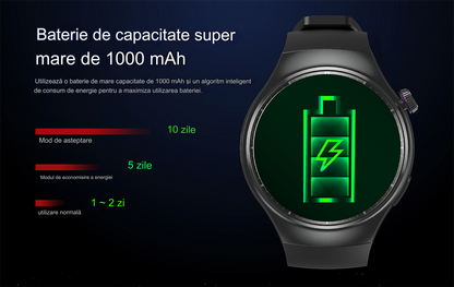 Smartwatch idealSTORE RoundSIMS3, Ecran AMOLED 1.43 inch, Android 8.1, GPS, GLONASS, Busola, Apel 4G, Difuzor si Microfon HD, Acumulator 1000 mAh, Nano SIM, Ritm Cardiac, SpO2, Incarcare Magnetica, Procesor quad-core Cortex, Bratara Neagra din Silicon