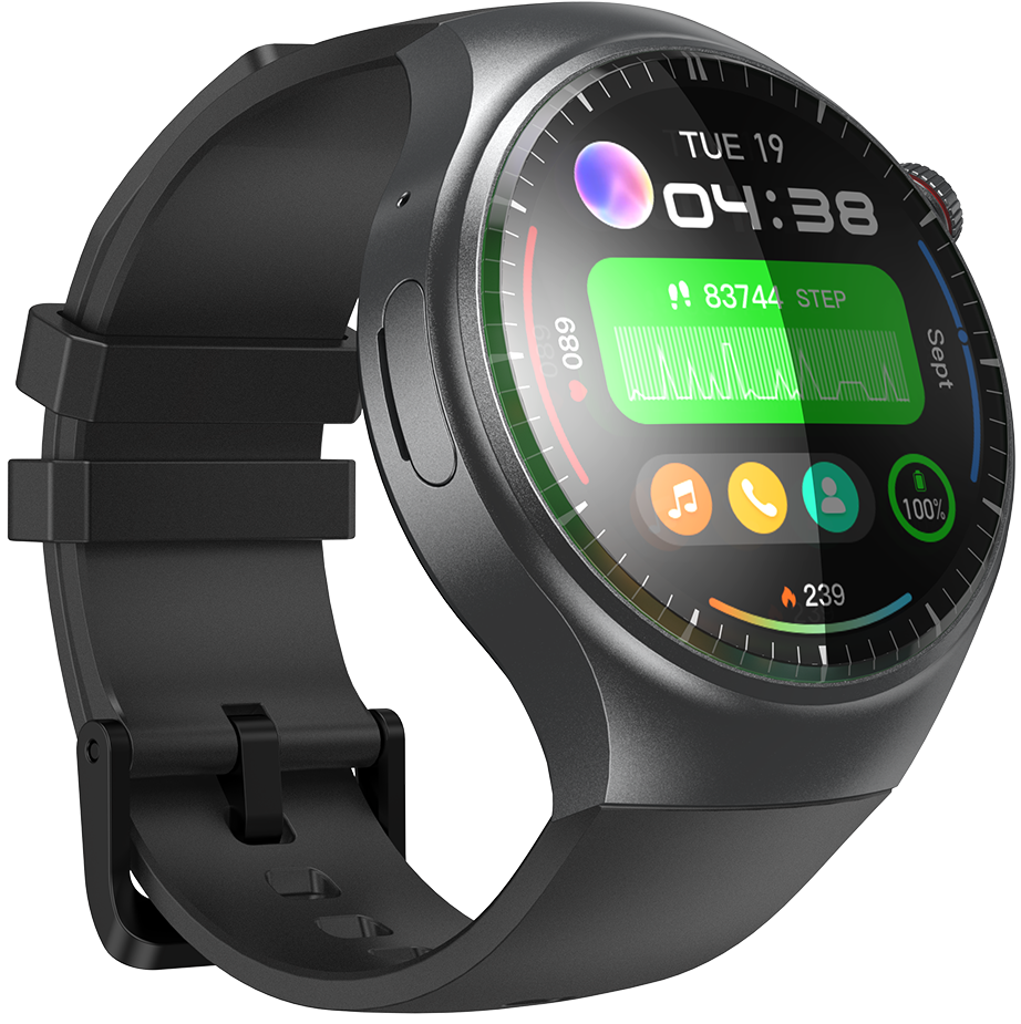 Smartwatch idealSTORE RoundSIMS3, Ecran AMOLED 1.43 inch, Android 8.1, GPS, GLONASS, Busola, Apel 4G, Difuzor si Microfon HD, Acumulator 1000 mAh, Nano SIM, Ritm Cardiac, SpO2, Incarcare Magnetica, Procesor quad-core Cortex, Bratara Neagra din Silicon