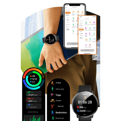 Smartwatch idealSTORE S24Watch, Ecran rotund AMOLED, Apel Bluetooth, Monitorizare Ritm Cardiac si Stare de Sanatate, Multi-Sport, Monitor Somn, Ceas cu afisaj Permanent, Memento Aplicatii Sociale, Senzor Optic Masurare Oxigen, Bratara din Silicon Gri