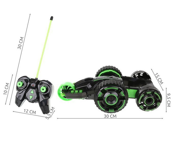 Masinuta cu telecomanda idealSTORE, Green Furios Car, Dimensiuni 30 x 15 x 9.5 cm, Echipata cu 5 roti, Acrobatii uimitoare sunt insotite de efecte de iluminare interesante care fac distractia si mai atractiva